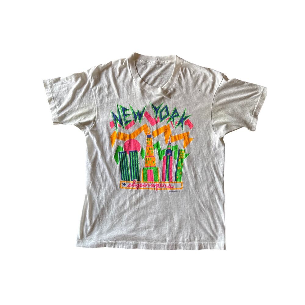 Vtg ‘88 New York Neon Skyscrapers Twin Towers Single Stitched M White T-Shirt